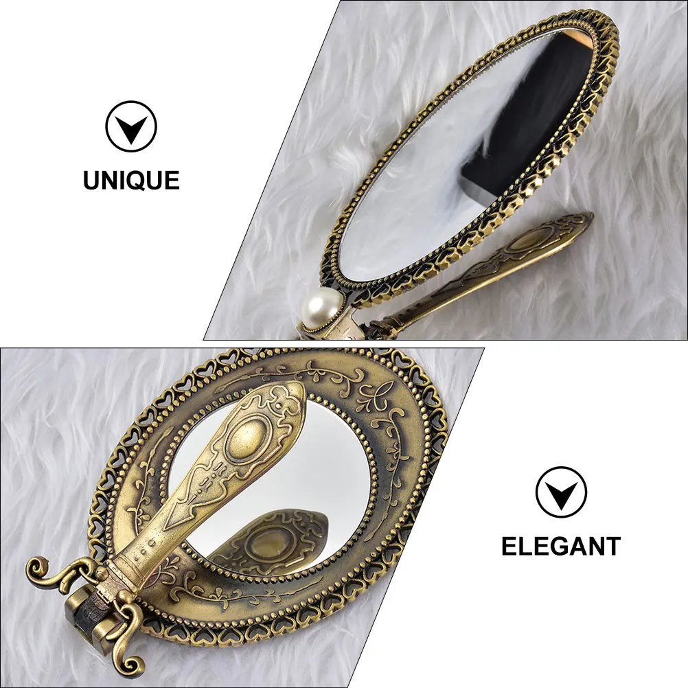 Espelho de maquiagem dupla face estilo retrô, portátil, estrutura de metal, formato oval, decorativo, espelho de beleza para meninas, presentes