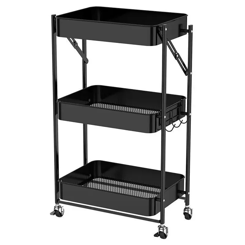 Dining Furniture 3-Tier Mobile Utility Nordic Folding Rack Easy Loading Home Metal Kitchen Storage Trolley