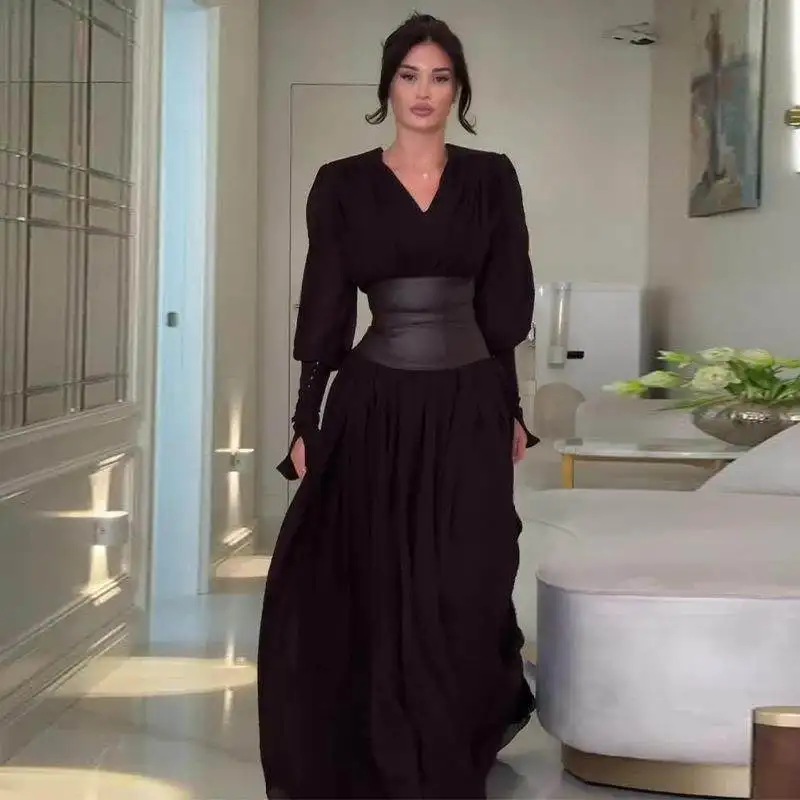 

Faionable V-ne Slim Fit Dr with Side Slits mid Waist Design A-line Skirt Long Sve Ele Ladylike Sle for Women