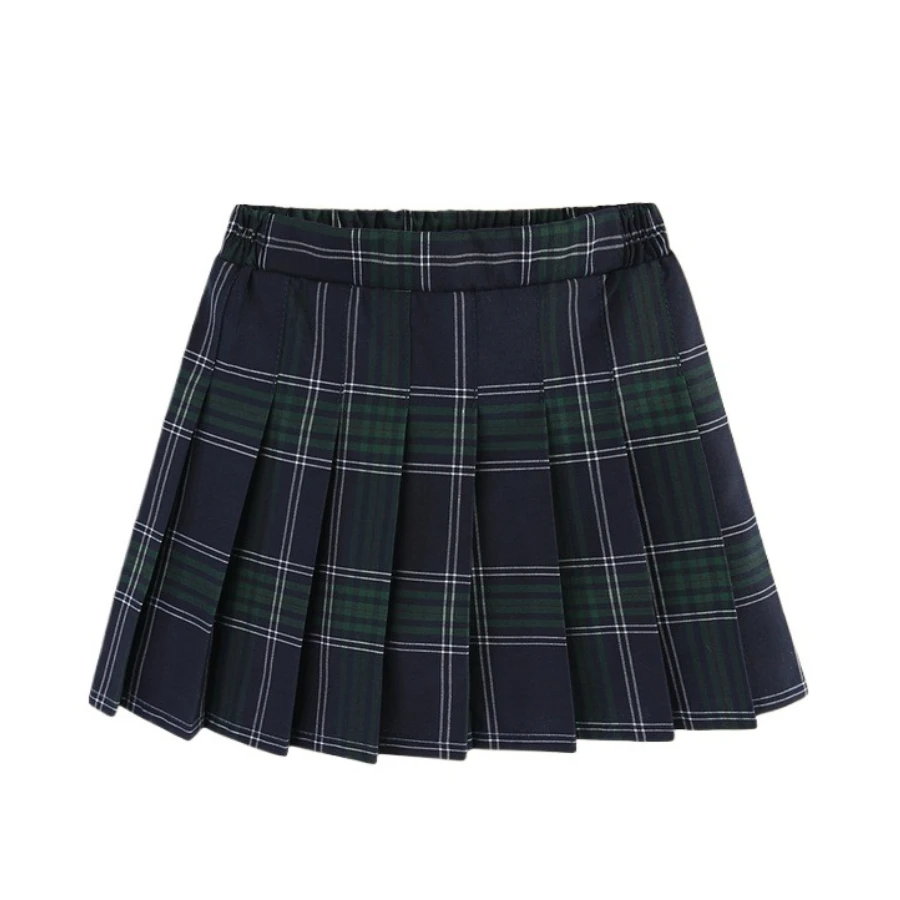 Teen Girls Preppy School Uniform Pleated Skirt Green Plaid Anti-Exposure Skort Elastic Waist Kids Casual Daily Bottom 4-15 Years