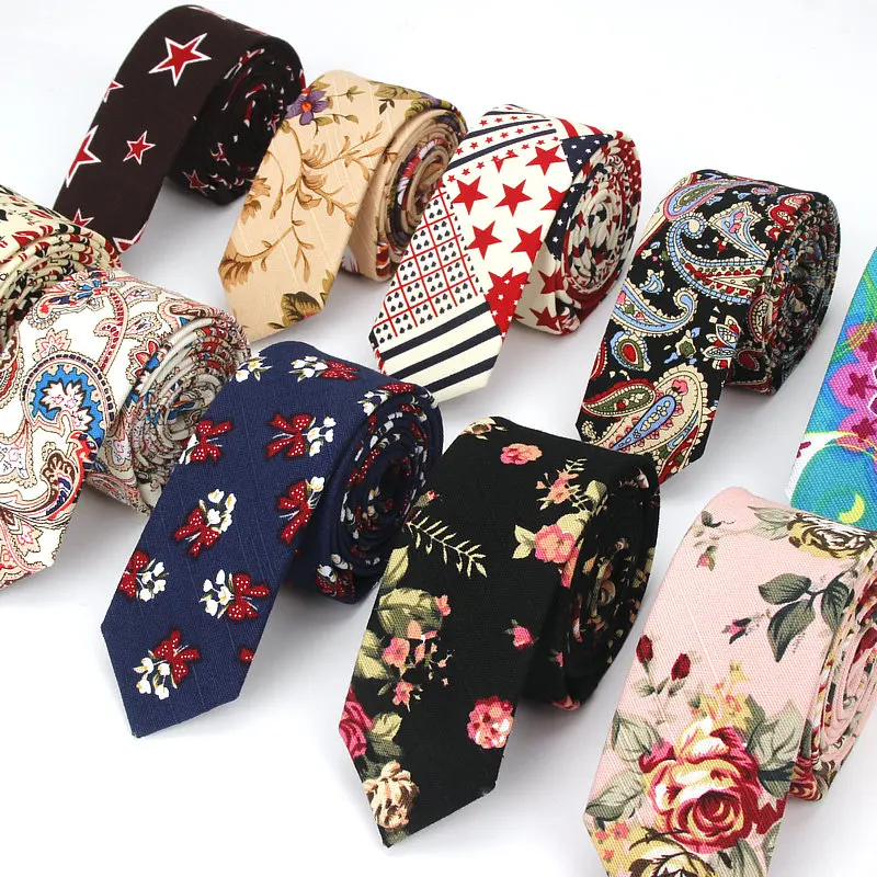 Men Slim Tie Casual Cotton Linen Neck Ties For Man Skinny Designer Flower Animal Narrow Vintage Floral Wedding Necktie Corbatas