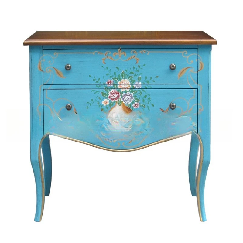 

Mediterranean Vintage Blue Hand Painted Chest of Drawers Bedroom Storage Cabinet American Two Drawer Cabinet Outlet