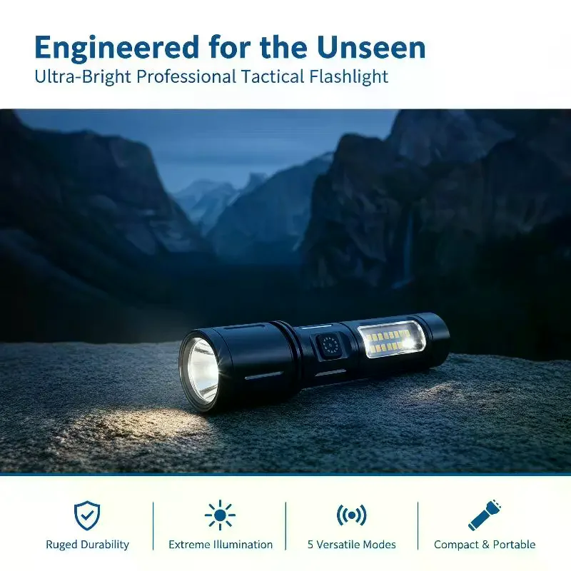 LED+COB Portable Flashlight Zoomable Small Torch With Side Lights USB Rechargeable Outdoor Camping Fishing Emergency Lantern