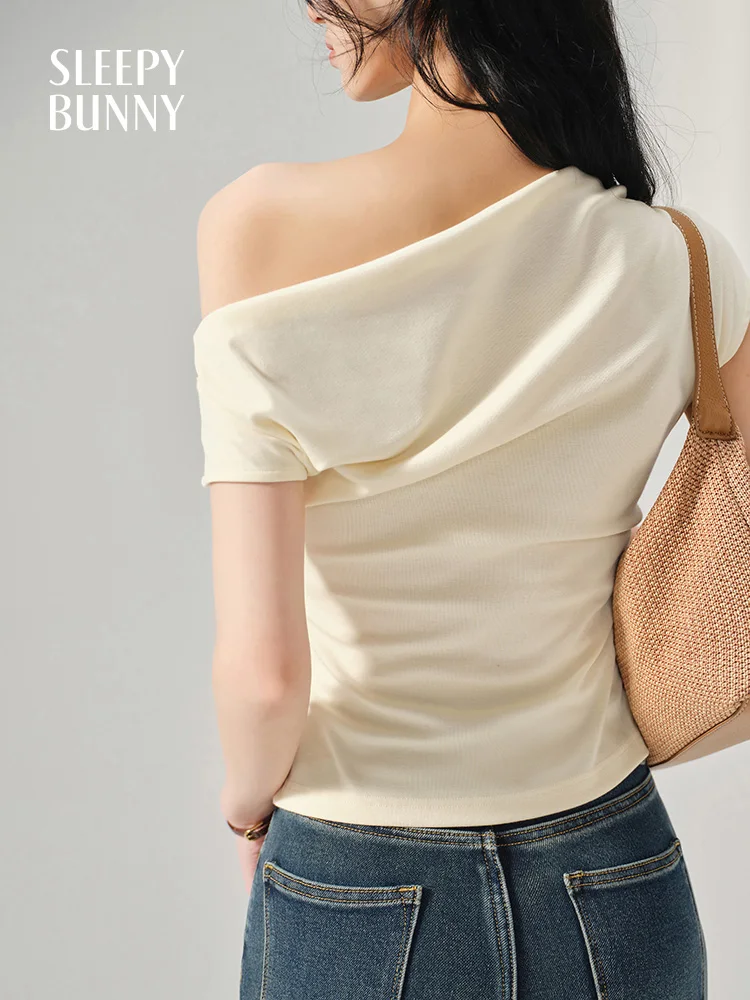 Elegant Off Shoulder T-Shirt Women Summer Slim Draped Short Sleeve Tee Lightweight Stylish Asymmetrical Design Top Casual Looks