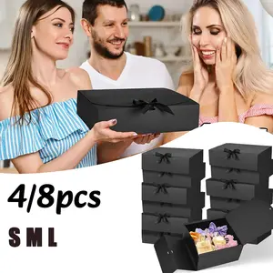 4 8PC Black Gift Box With Lid Party Gift Decoration Box Bridesmaid Proposal Box with Ribbon Xmas Halloween Candy Biscuit Boxes