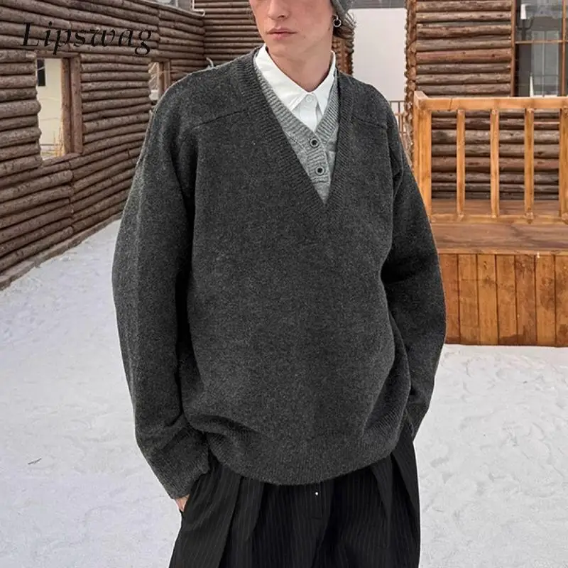 

Autumn Winter New Casual Sweaters Mens Long Sleeve Patchwork Double Layered Knit Tops Men Trendy Button V Neck Knitting Sweater