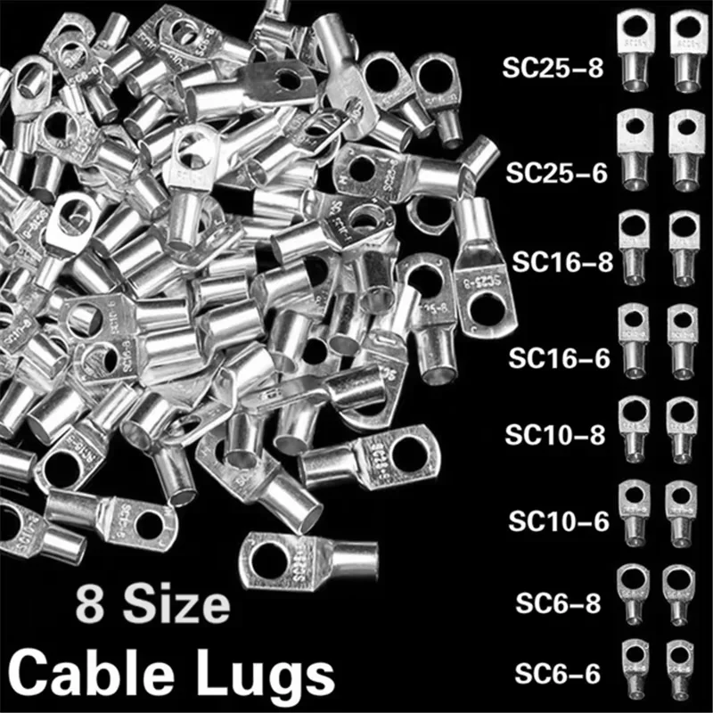 10PCS 8 Size Copper Cable Lugs Connectors Tubular Ring Terminals Tinned Bare Electric Cable Crimp Terminals