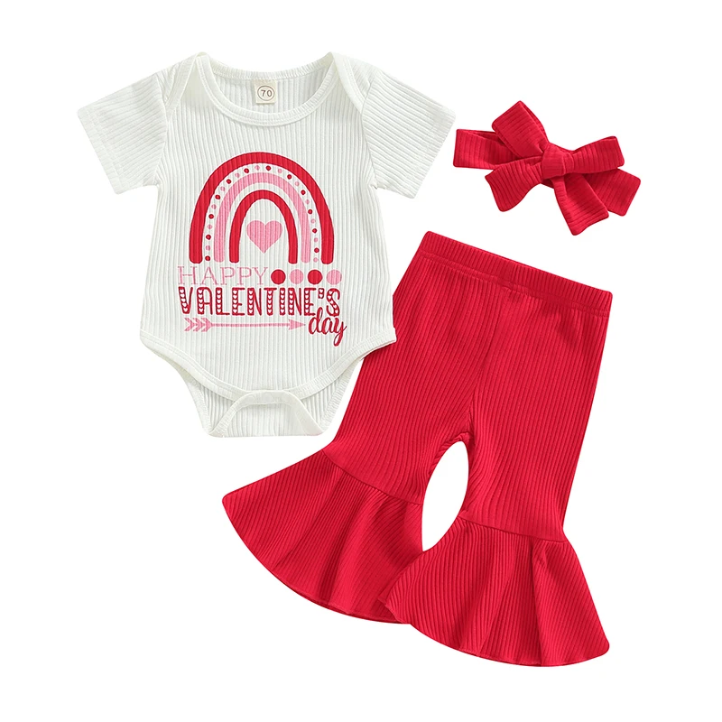 

Baby Girls Valentine s Day Outfit Sets White Short Sleeve Heart Arrow Print Romper Red Flared Pants Headband