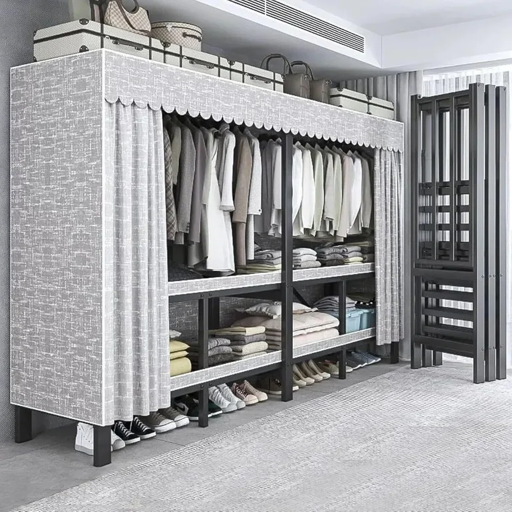 

Foldable Clothe Rack with Cover Heavy-Duty Portable Wardrobe Closet for Bedroom Armoires Freestanding Clothing Coat Storage Rack