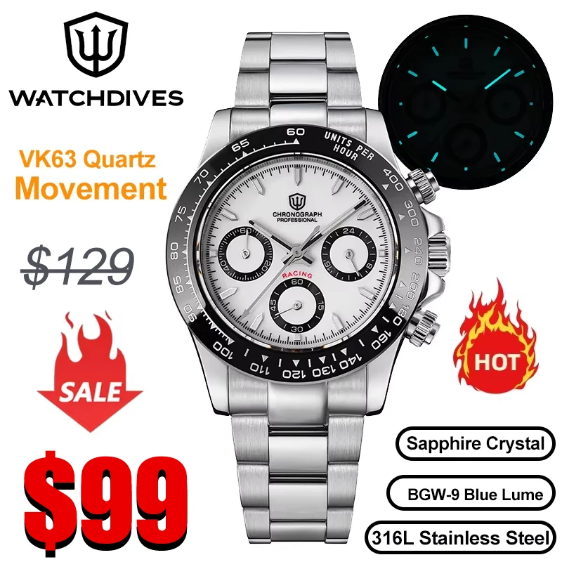 Watchdives WD16500 V2 Men Watch VK63 Quartz Movement Chronograph Wristwatch Stainless Steel Sapphire Crystal Luminous  Watches