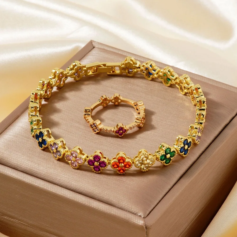 

Four Leaf Bracelet Ring Set Lucky Clover Series Sweet And Romantic Style Valentine's Day Gift For Girls