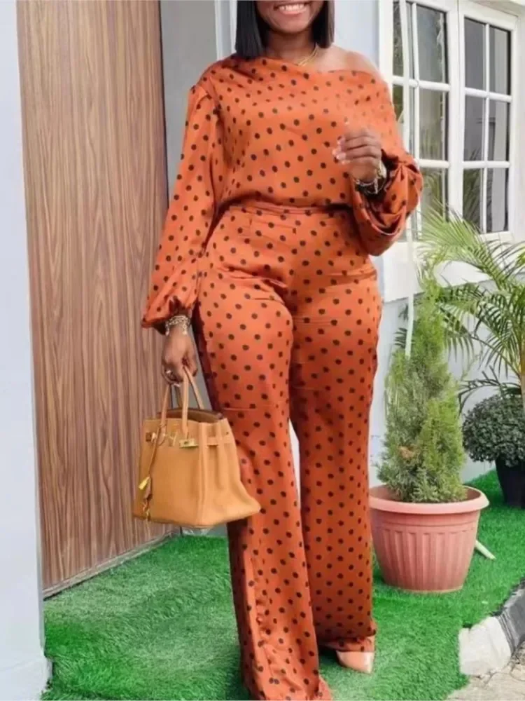

Elegant Women's Two Piece Sets Office Outifit Fashion Dot Print Long Sleeve Skew Collar Top & Loose Pants Set Lady Casual Suits