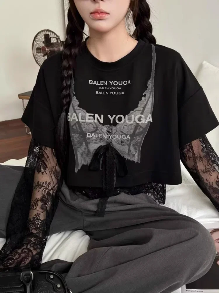 Harajuku Sexy Lace Fake Two Piece Shirts Corset Pattern Graphic T-shirts Loose Punk Goth Y2K Crop Tops Young Women Sweet Casual