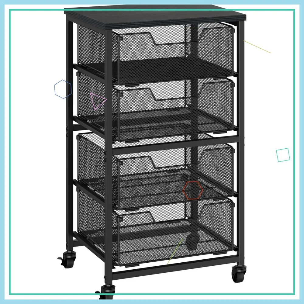 

Тележка на колесиках с 4 ящиками, деревянной столешницей, запираемыми колесами и сетчатыми ящиками для поделок, офиса, кухни