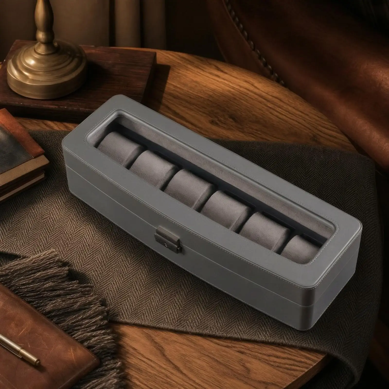 Elegant Synthetic Leather Watch Case with Individual Watch Pillows and Hinged Glass Lid for Showcase Storage