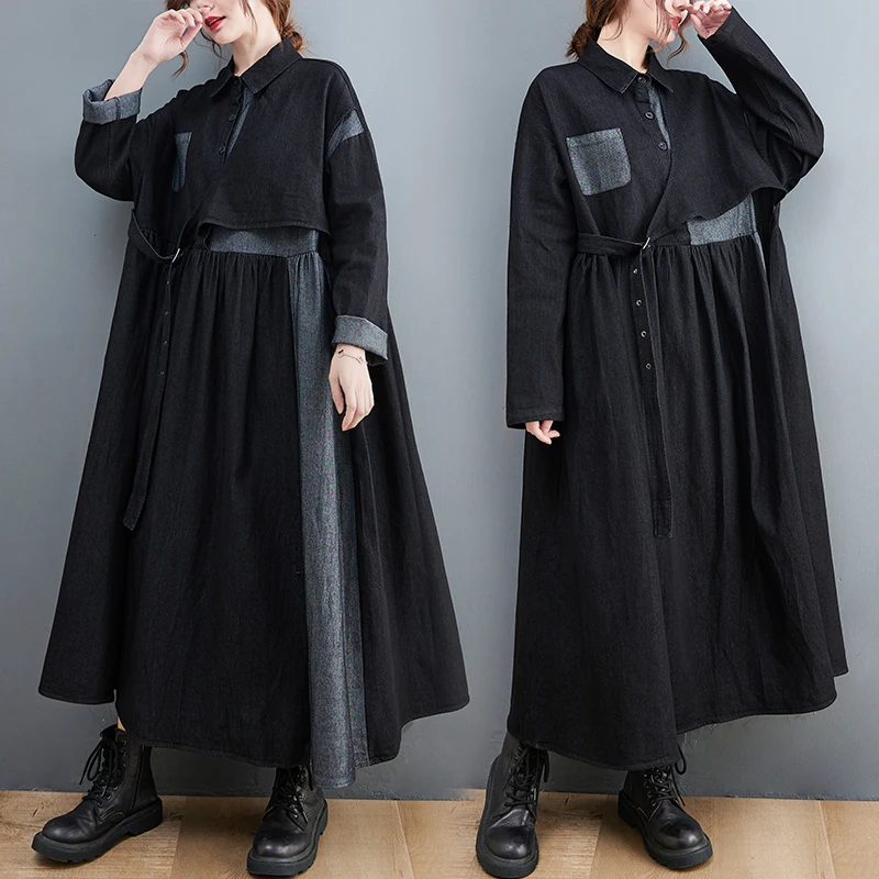 Printemps 2025 décontracté couleur ample Blo Long Sve Denim Dr Design Sense petit ence Ele Long Dr