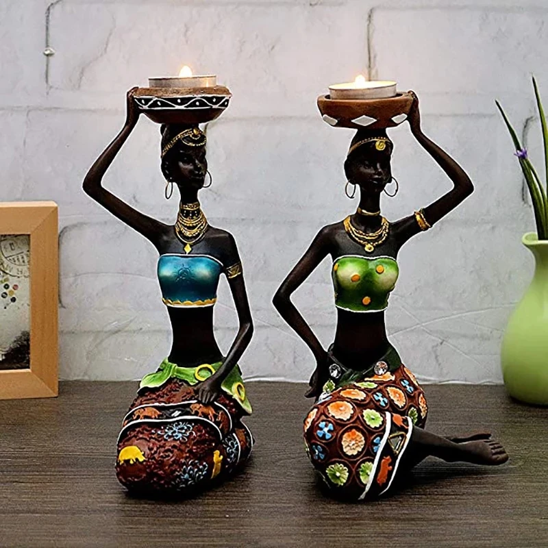 Castiçais africanos mulheres 8.5 "decoração para mesa decorativa sala de jantar castiçal esculturas resina castiçal vintage