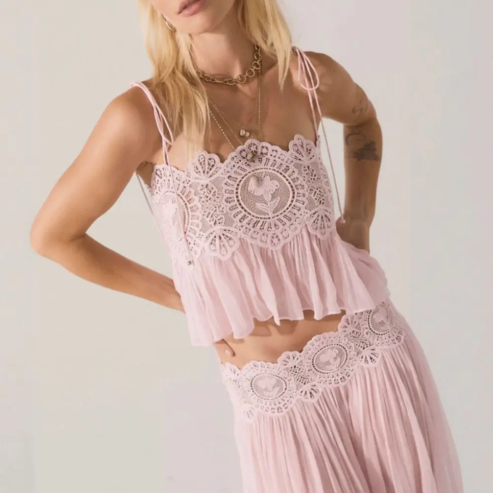 See Through Camisole Pants Sets Wide Leg Lace Trim Detail Lace Pant Set High Waist Hollow Out Camisole Tank Top Outfit