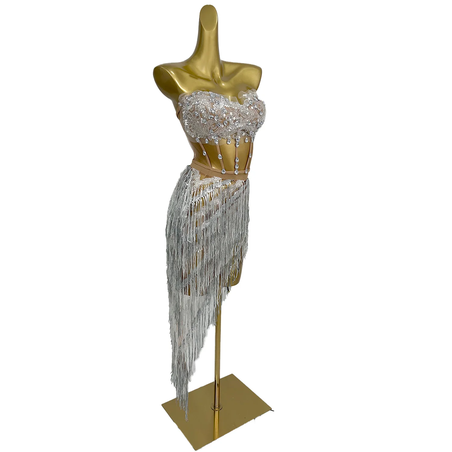 Rok Mini Atasan Crop Tanpa Tali Rumbai Payet Berlian Imitasi Set 2 Potong Pakaian Punggung Terbuka Wanita Seksi Pakaian Pemotretan Pesta Wenrou