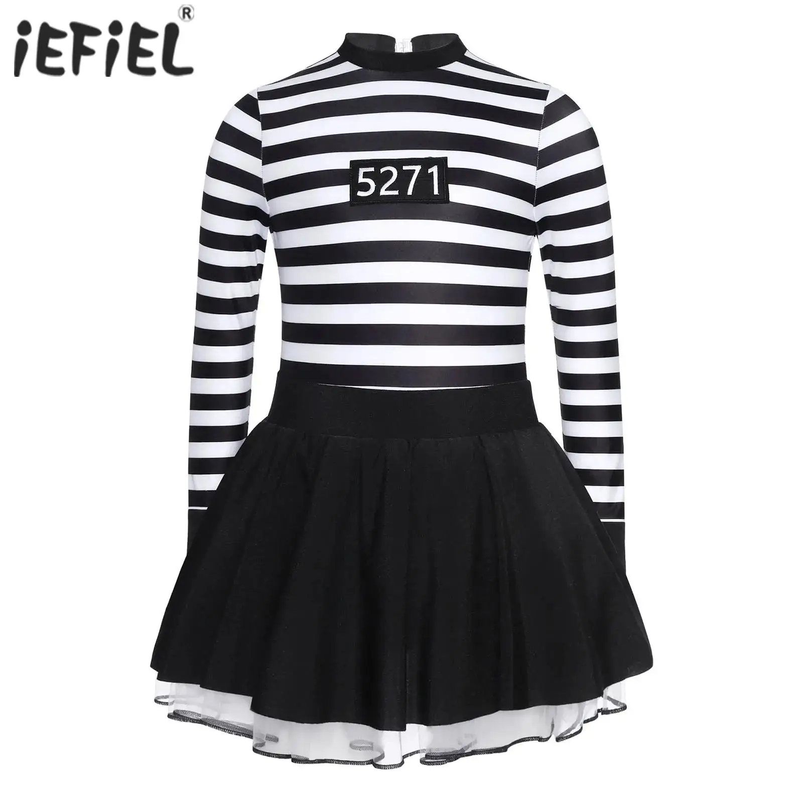 

Kids Girls Prisoner Costume Striped Puffy Dress Long Sleeve Ruffled Skirt Tutu Puffy Cosplay Leotard Dress Carnival Dress Up