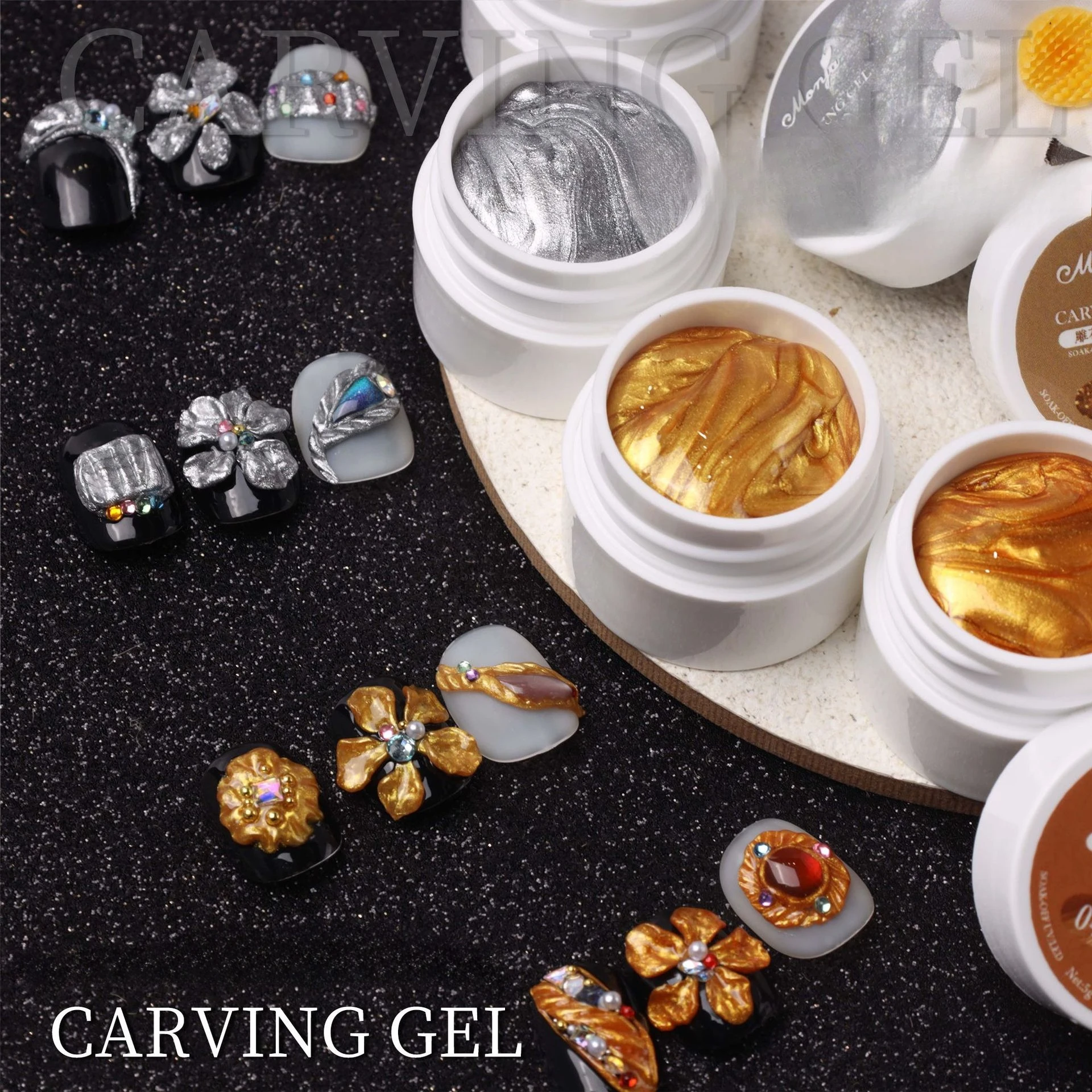 4PCS Non Sticky 3D Nail Sculpting Gel Set Solid Hand Metal Carving Modeling Gel with Mirror Powder Kit for Beginners Salon Home