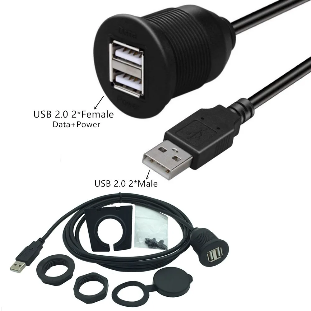 Automobile Flush Mount Dual USB 2.0 Custom Hub Male to Female Extension for Car Truck Boat Motorcycle Dashboard Waterproof Cable