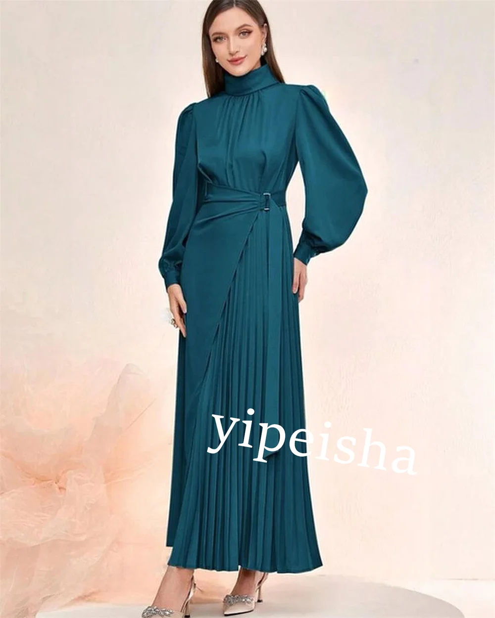 Customized Jersey Sash Christmas Straight High Collar Bespoke Occasion Gown Midi Dresses