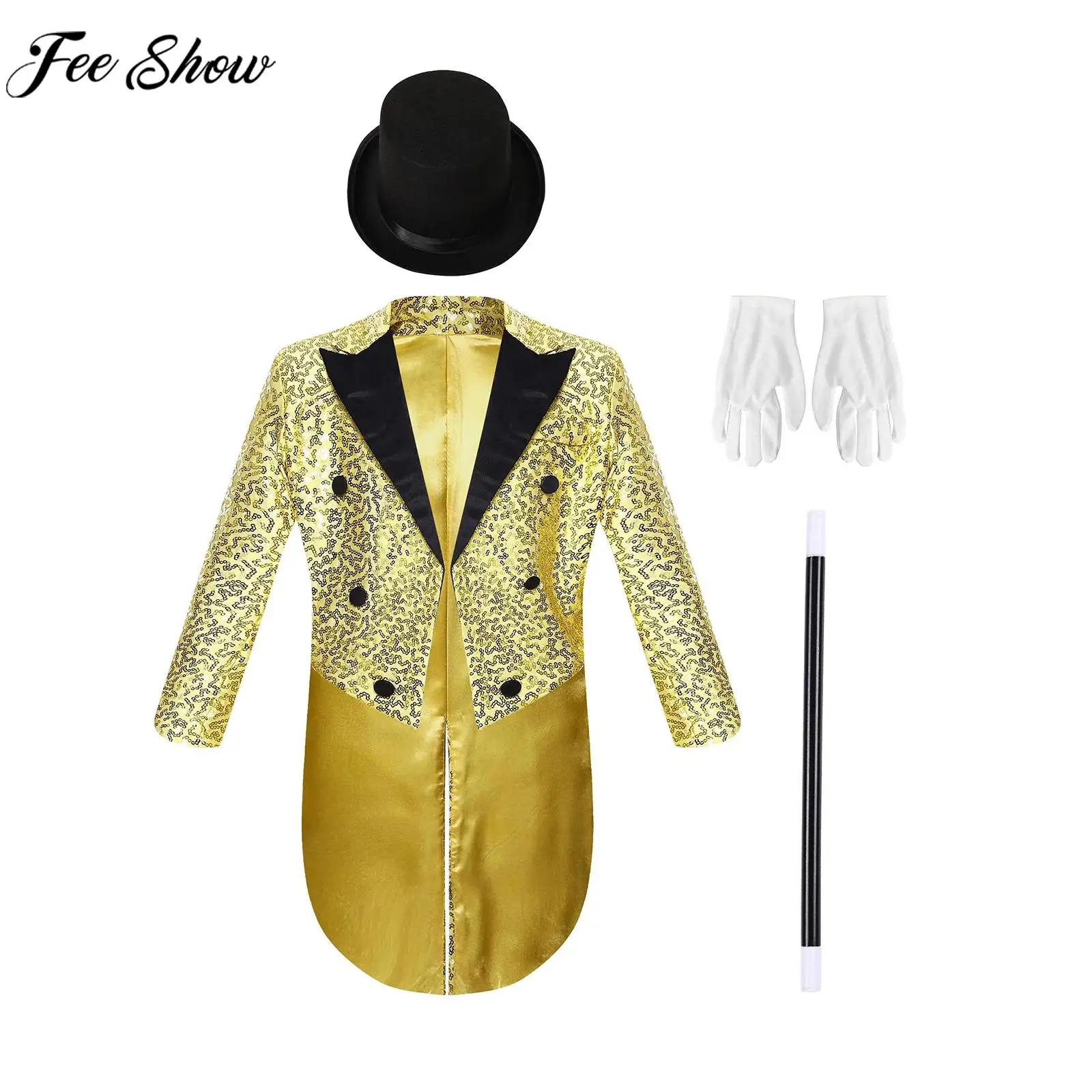 Kids Boys Magician Circus Ringmaster Cosplay Performance Costume Tailcoat Blazer with Hat Gloves Wand for Halloween Carnival