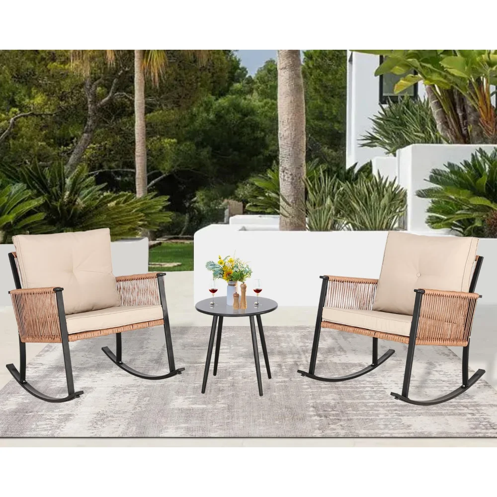 

3-Piece Rocking Bistro Set Outdoor Patio Furniture Oversize Rattan Conversation Set with Thick Cushions and Coffee Table for