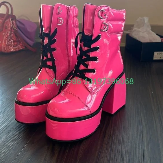 Lady Y2K Hot Pink Chunky Heel Ankle Boots Lace-Up PU Pink Gothic Mary Janes Boots High Heels Footwear New Arrive Platform Boots