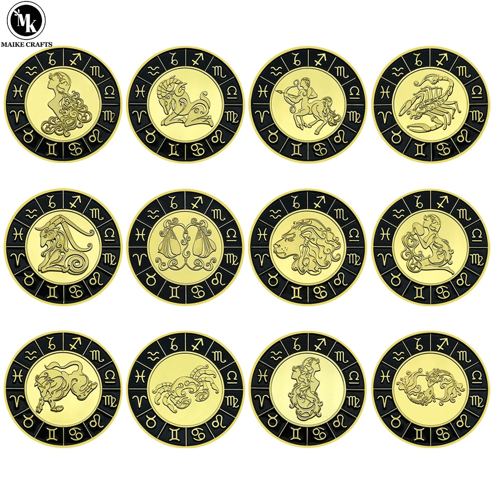 

New 12 Constellation Commemorative Coin Gold Plated Crystal Metal Craft Lucky Coin Collection Holiday Gift