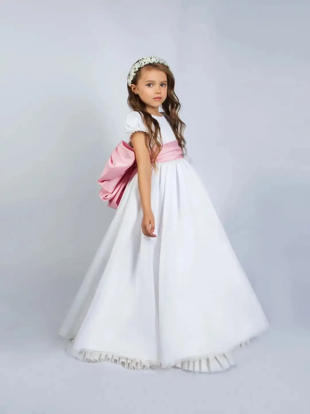 Abiti da ragazza di fiori per matrimonio con fiocco rosa maniche corte eleganti abiti da compleanno per bambina abiti da prima comunione personalizzati