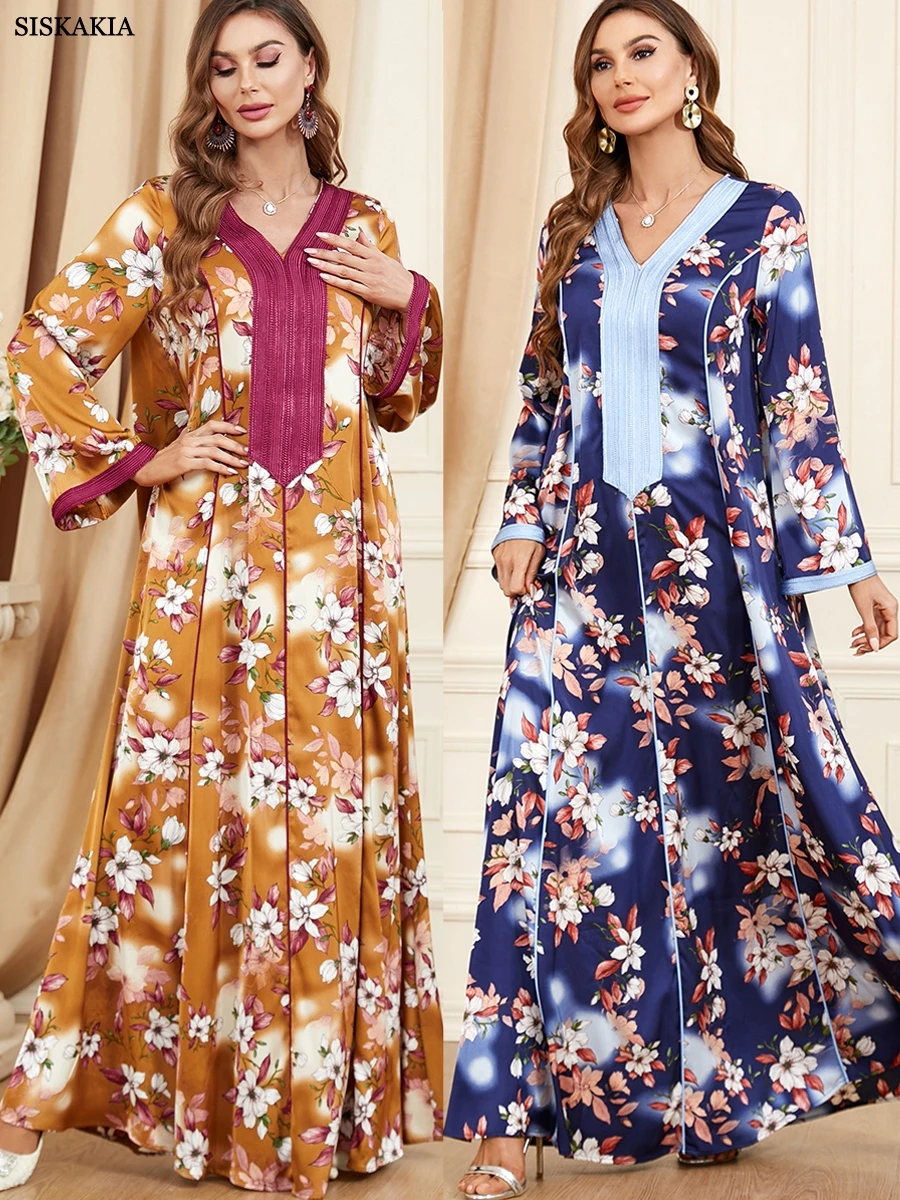 Modest Muslim Moroccan Jalabiya Dubai Arab Ethnic Floral Long Dress Loose Casual Islamic Women Clothing Corban Eid al Adha 2023