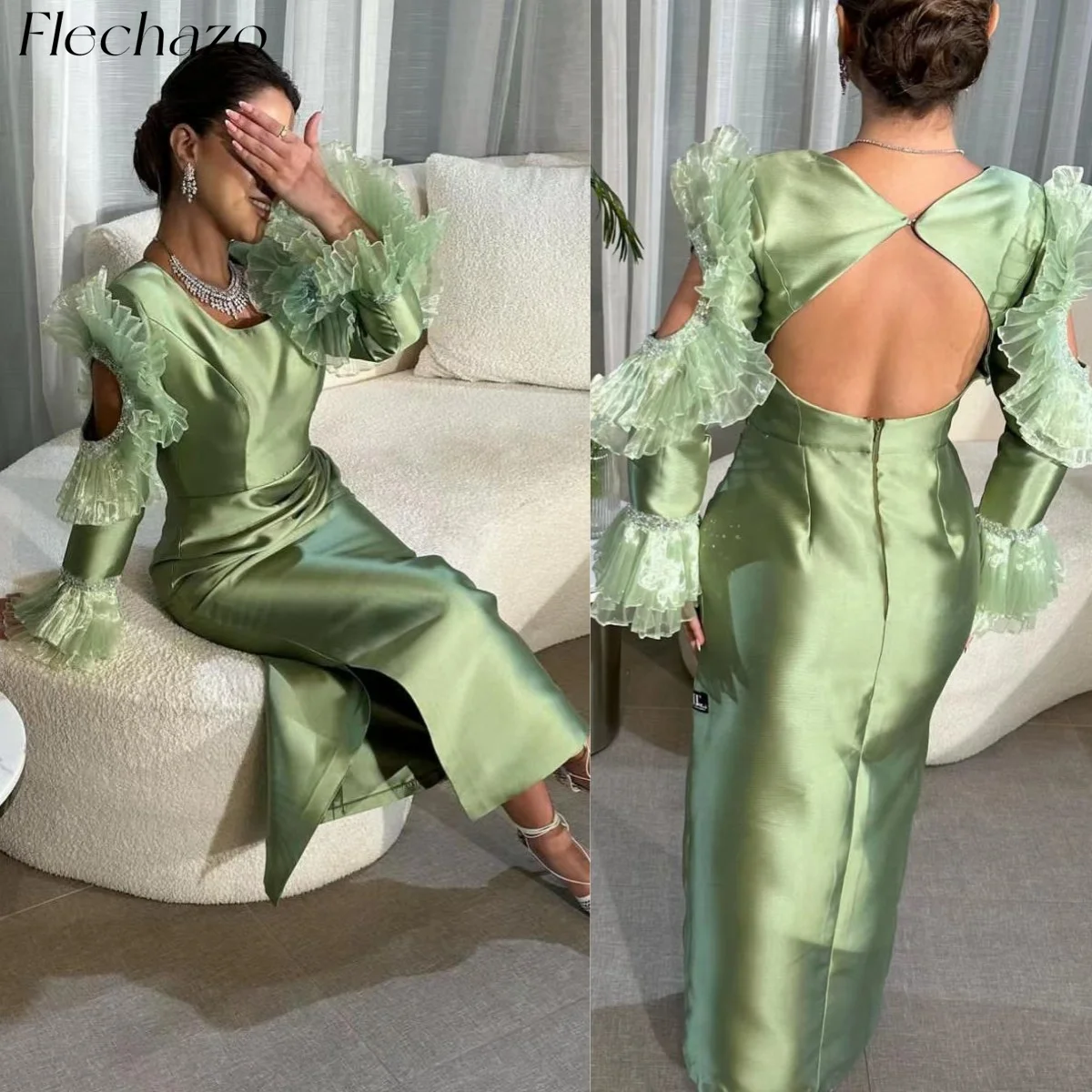 

Flechazo Green Evening Dresses O Neck Tiered Sleeve Beading Ankle-Length Formal Party Dress For Women 2024 vestidos para eventos