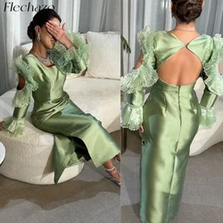 Flechazo Green Evening Dresses O Neck Tiered Sleeve Beading Ankle-Length Formal Party Dress For Women 2024 vestidos para eventos