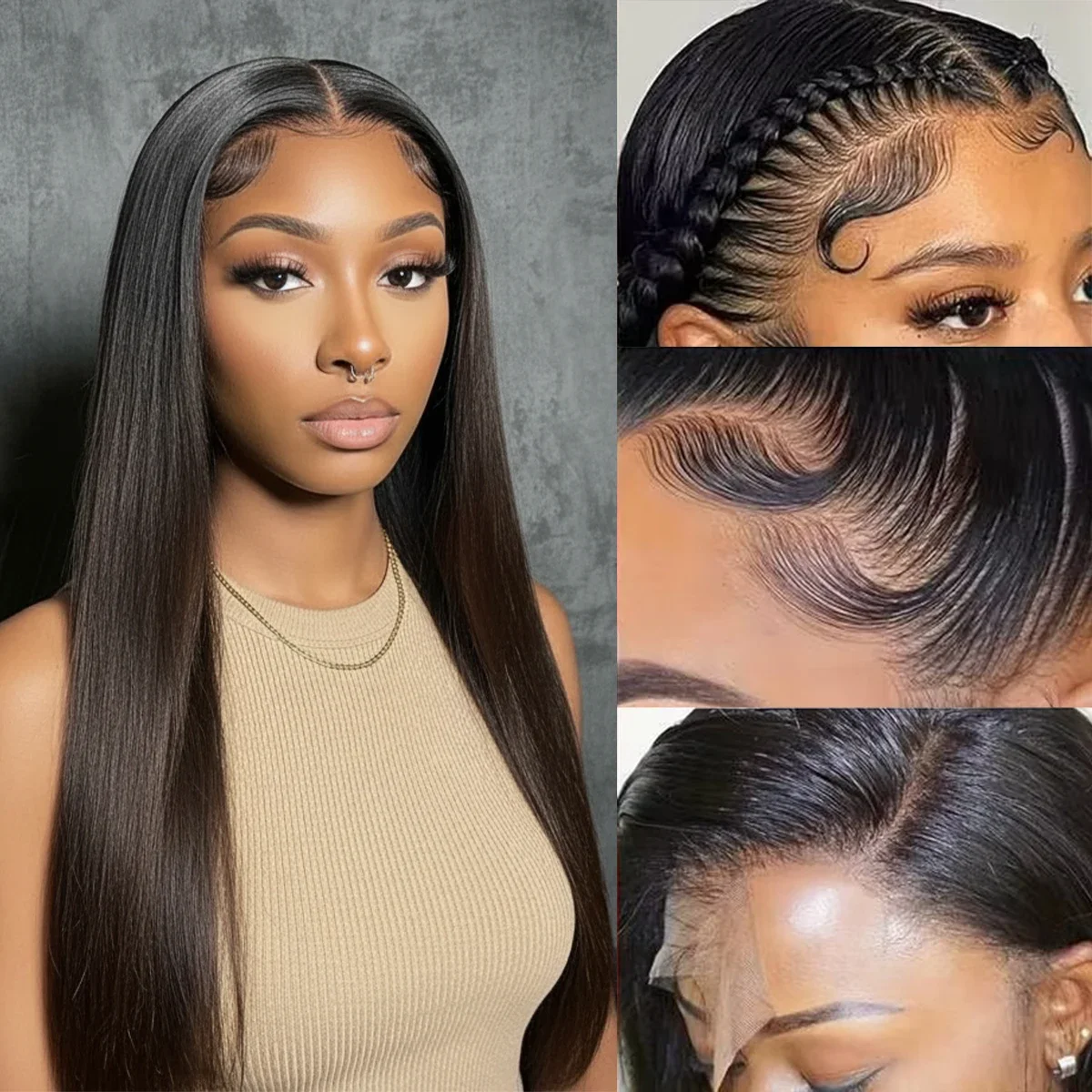 14x5 HD 40 Zoll Schwarze Glatte Echthaar-Perücken, Lace Frontal Perücke, Vorgezupft, 180% Dichte, Lace Front Glatte Echthaar-Perücken