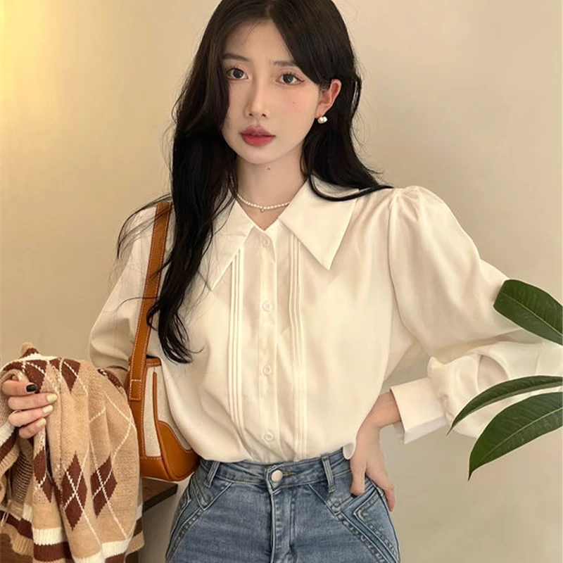 Autumn Woman's Shirt Polo-neck French Romantic Fashion Style Niche Classy White Grace Elegant Sweet Temperament Fashionable Chic