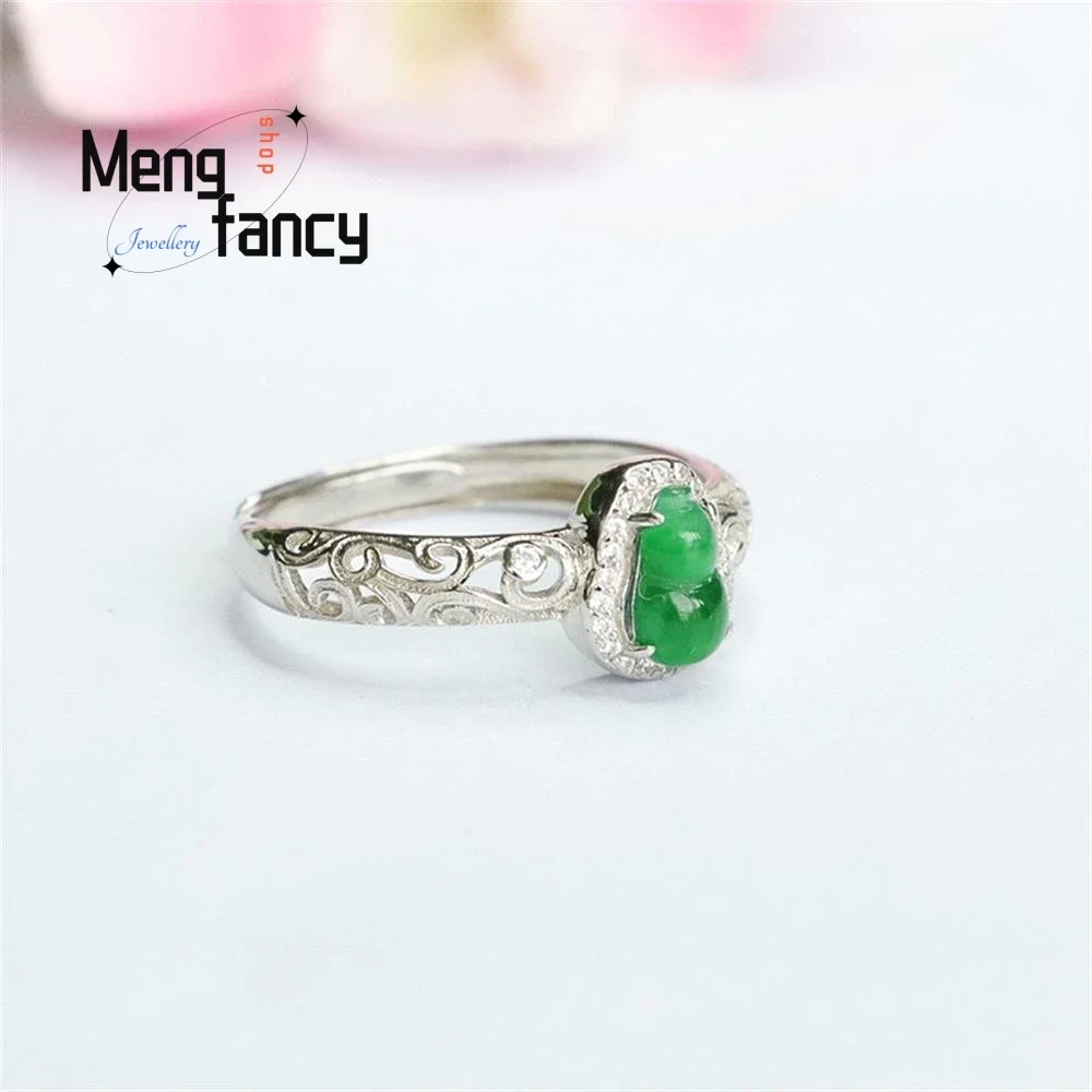 S925 Silver Inlaid Natural Jadeite Gourd Ring in Ice Type Imperial Green Finger Exquisite Elegant High-grade Ring Luxury Jewelry