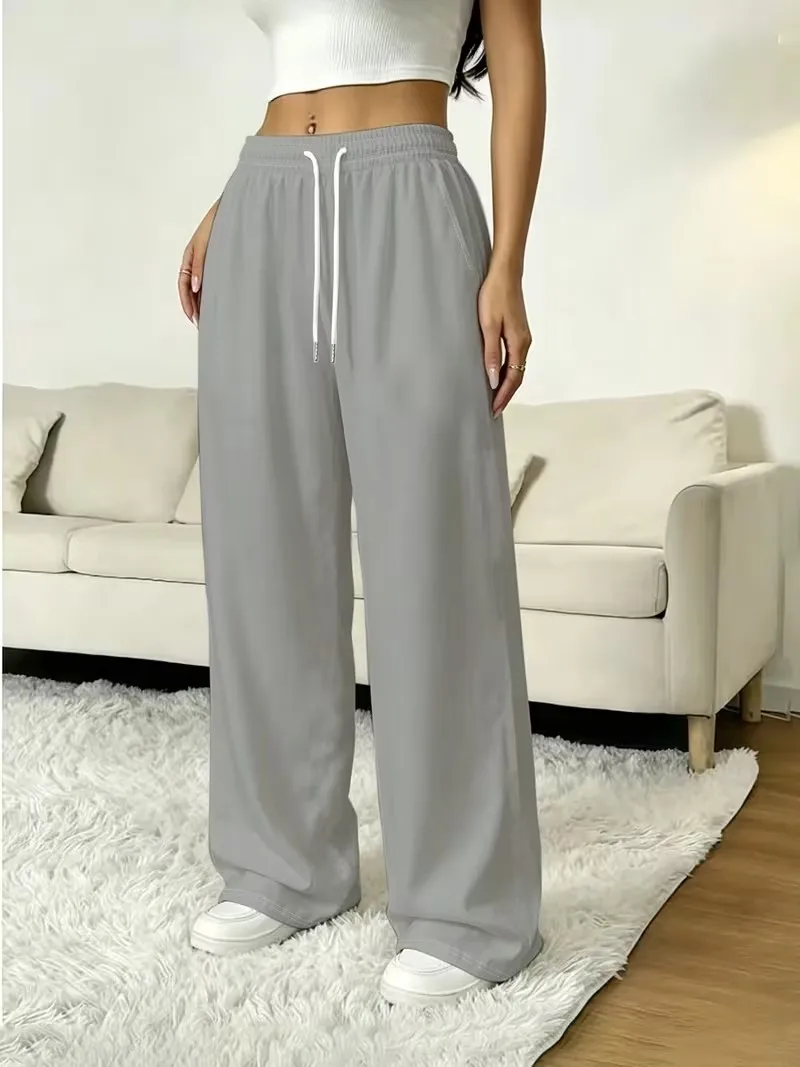 Ladies' fashion solid color street trend sports pants retro pocket drawstring daily loose and comfortable casual pants