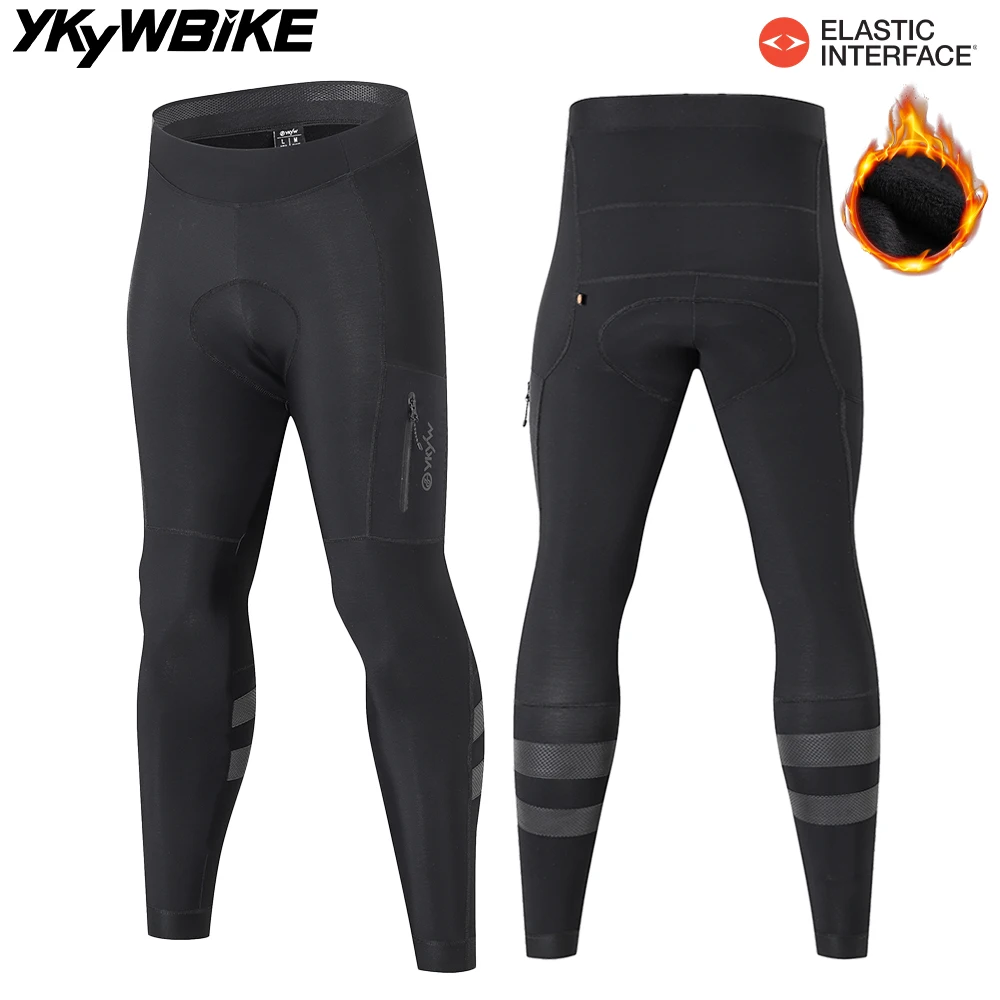 YKYWBIKE Men Winter Cycling Tights Anti-Splashing Road Bike Long Pants Thermal Fleece Bicycle Pants Pocket Warm MTB Clothing
