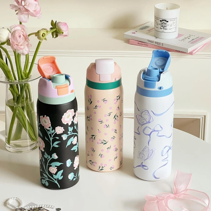 

32oz Stainless Steel Thermos Water Bottle Cute Travel Vacuum Flasks Thermal Cup With Straw Sports Gym Water Bottle For Woman