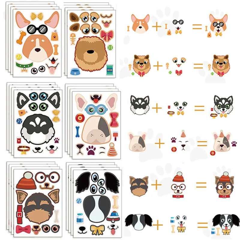 Funny Make A Dog Face Stickers for Kids 6/12/24 Sheets Cute Cartoon Create Your Own Pet Dog DIY Puzzle Stickers Children Gift