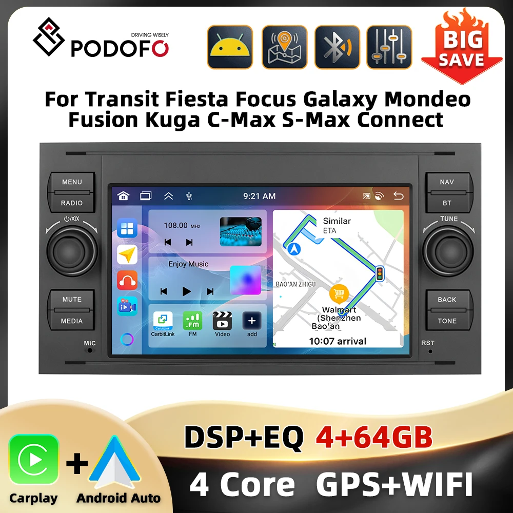 Podofo 4 + 64G 7 ''Car Radio For Ford Transit/Fiesta/Focus/Mondeo/C-Max Multimedia Player Navigation GPS WIFI Carplay Android Car