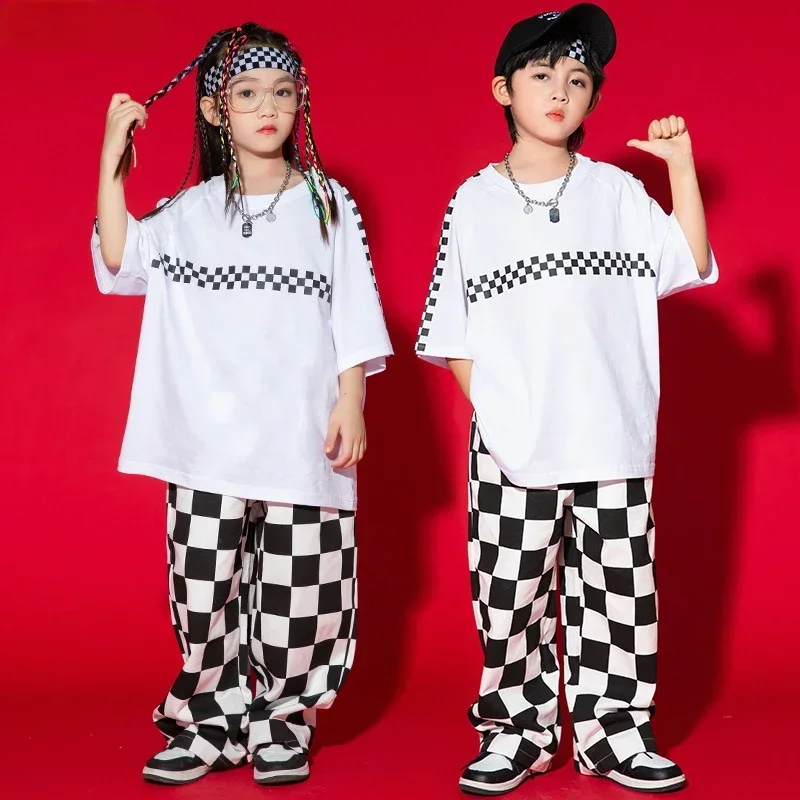 Loose T-shirt Girls Hip Hop Top Sweatpants Streetwear Clothes Kids Jazz Outfits Child Costumes Boys Street Dance Plaid Pants