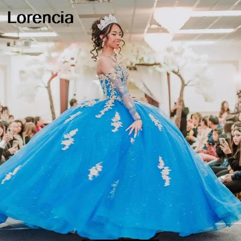 Lorencia-vestido De quinceañera azul brillante, manga larga desmontable, Apliques De encaje dorado, cuentas, México dulce 16, 15 Años, YQD614