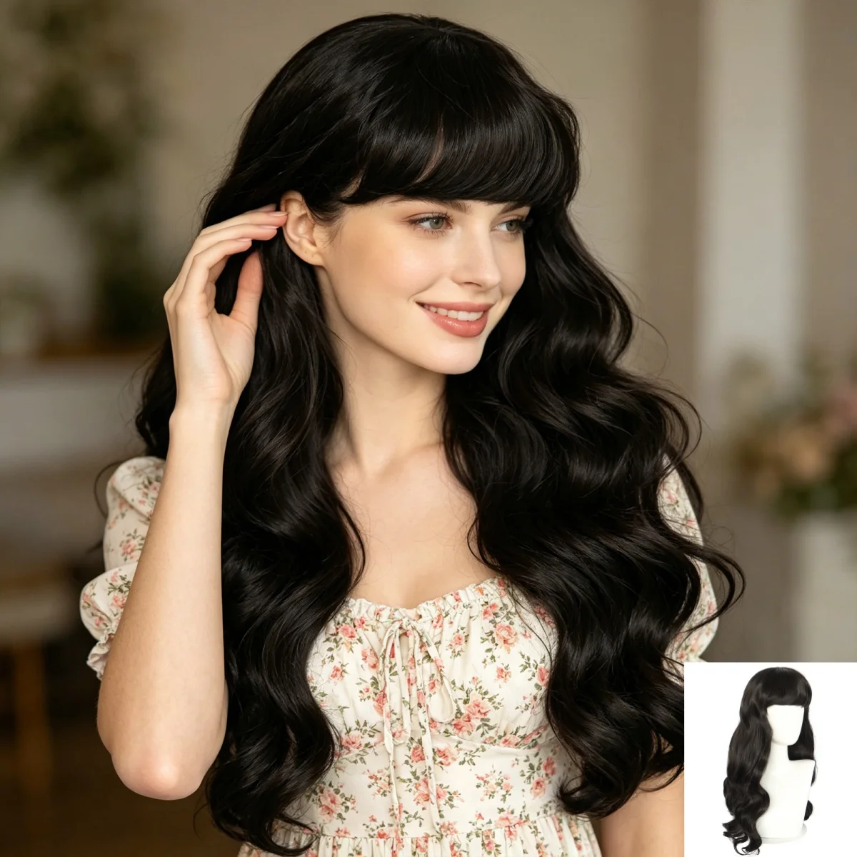 

Womens Synthetic Wig Black Long Wavy Hair with Neat Bangs Natural Soft Heat Resistant for Daily Party