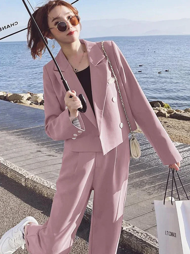 Insozkdg-Ensemble 2 pièces rose pour femmes, blazer slim solide, tenue de bureau, pantalon taille haute, olympiques de rue, 2023