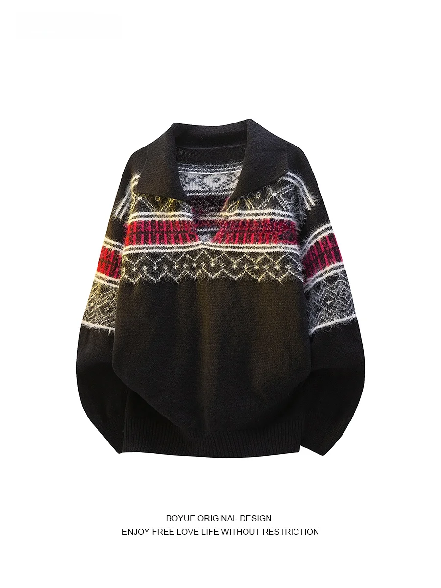 

BOYUE Retro Color Blo Knitted Sweater V-Ne Lazy Sle Casual ex Trendy Brand Fluffy Knitwear for Youth Daily Wear