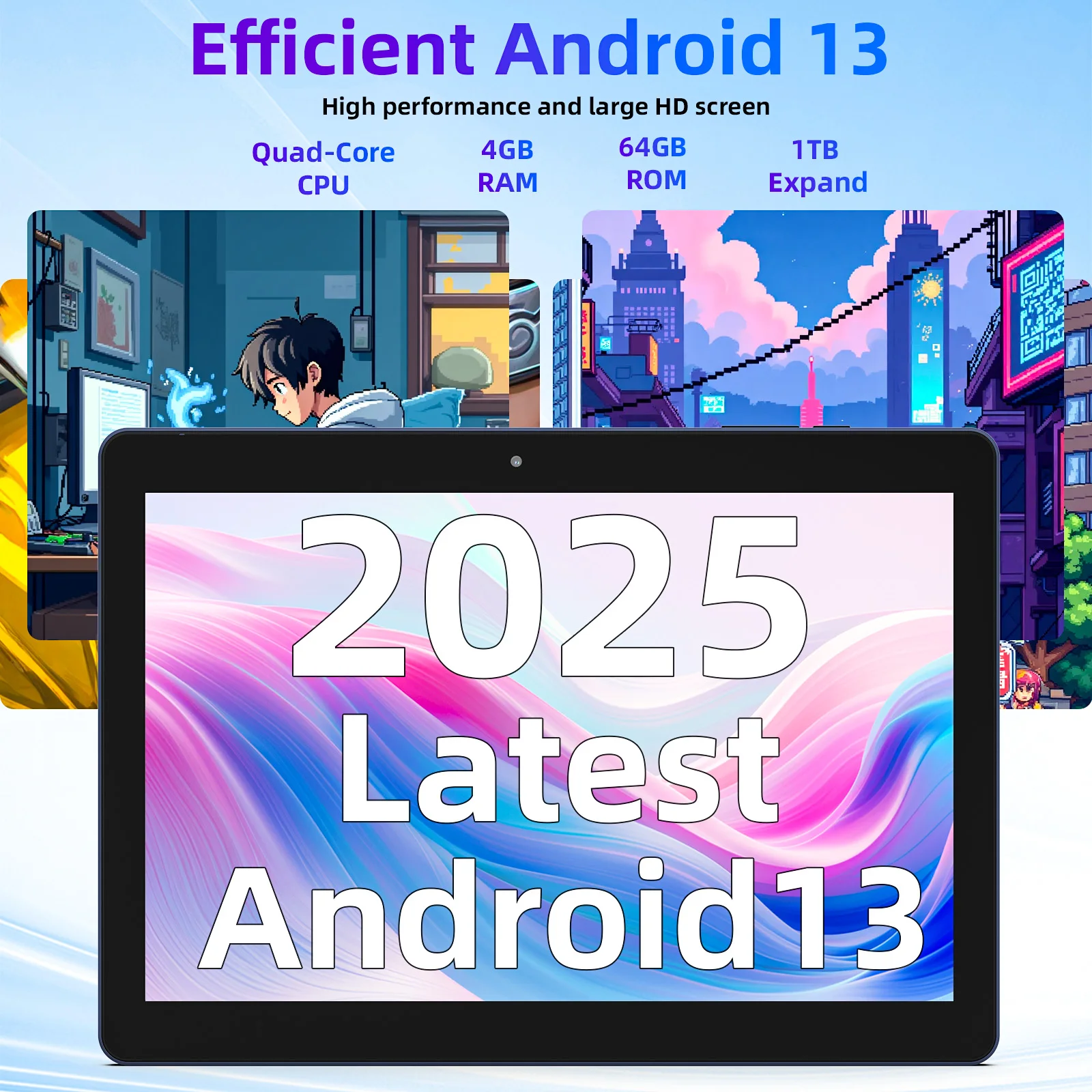 BAKEN Android tablet, 10-inch HD large screen, quad-core processor, 4B (2+2 expansion) RAM + 64GB ROM, 5G WiFi, with a stylish h