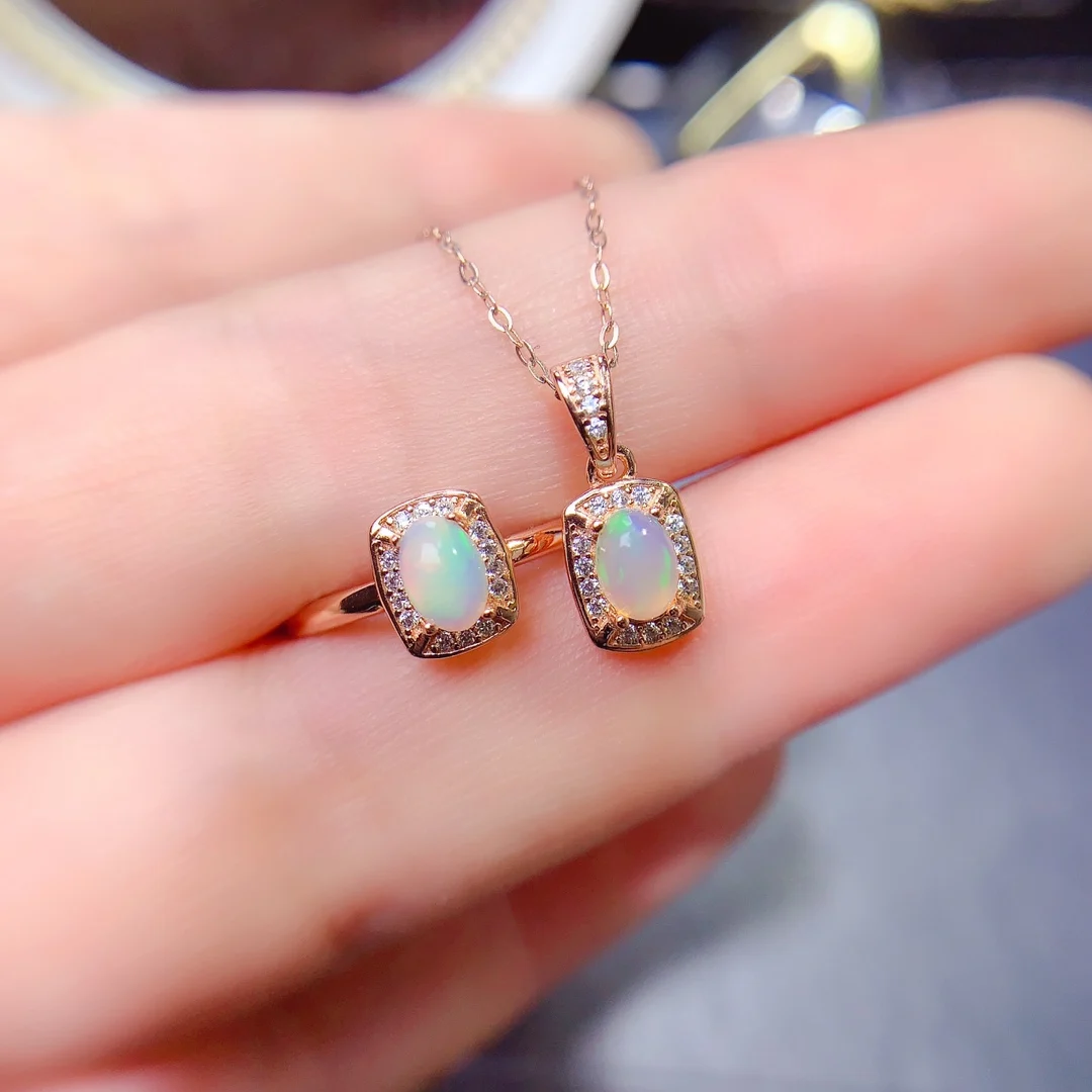 Pure natural white Opal set necklace ring 925 silver plated 18K white gold rose gold setting color matching extremely beautiful